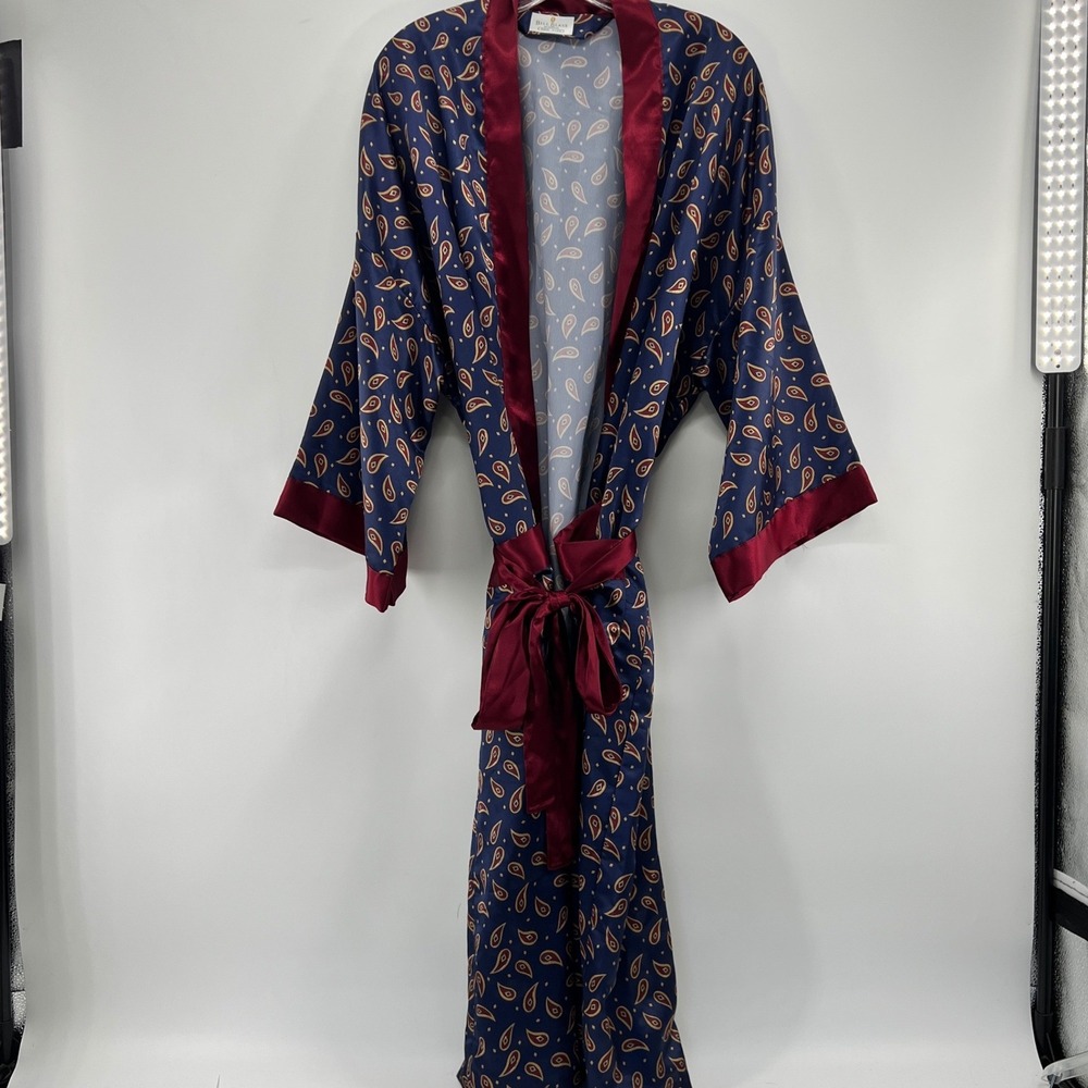 Vintage Bill Blass Robe Men Smoking Coat Paisley Satin Belted Loungewear USA